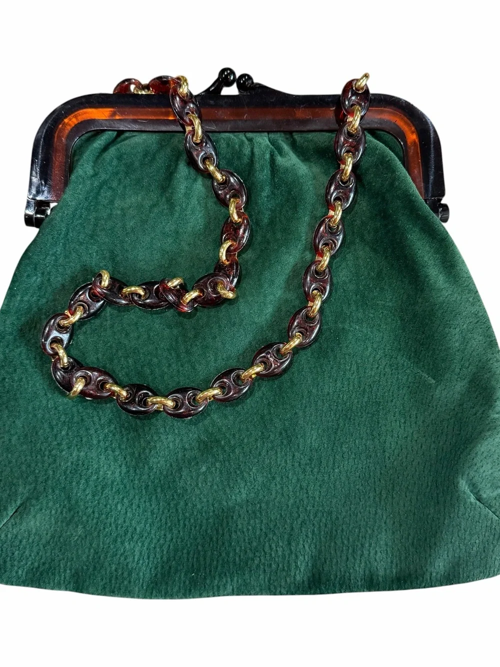 Vintage Green Suede Purse Tortoise Lucite Frame Bag Gold Chain Shoulder Italian